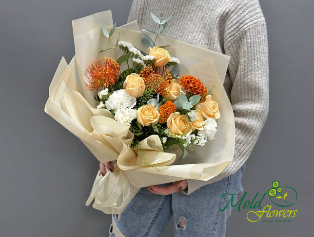 Bouquet with Cream Roses and Celosia "Strings of the Soul" photo